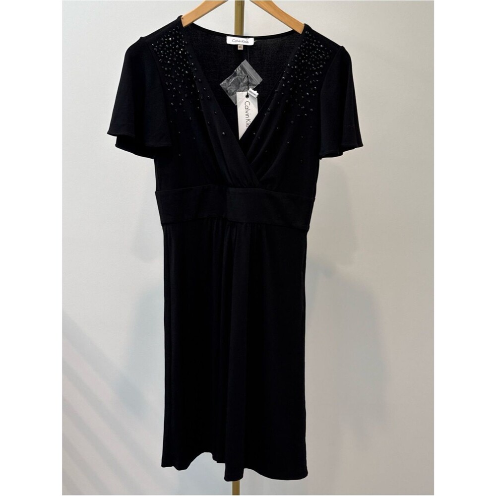 Calvin Klein Black V-Neck Dress with Rhinestone Embellishments XS